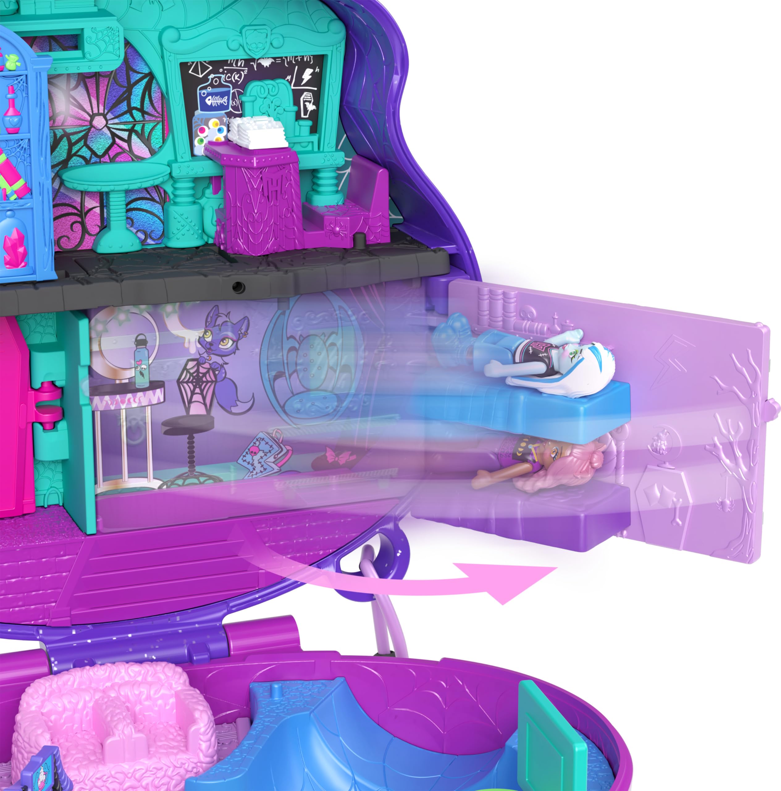​Polly Pocket Monster High Playset with 3 Micro Dolls & 10 Accessories, Opens to High School, Collectible Travel Toy with Storage