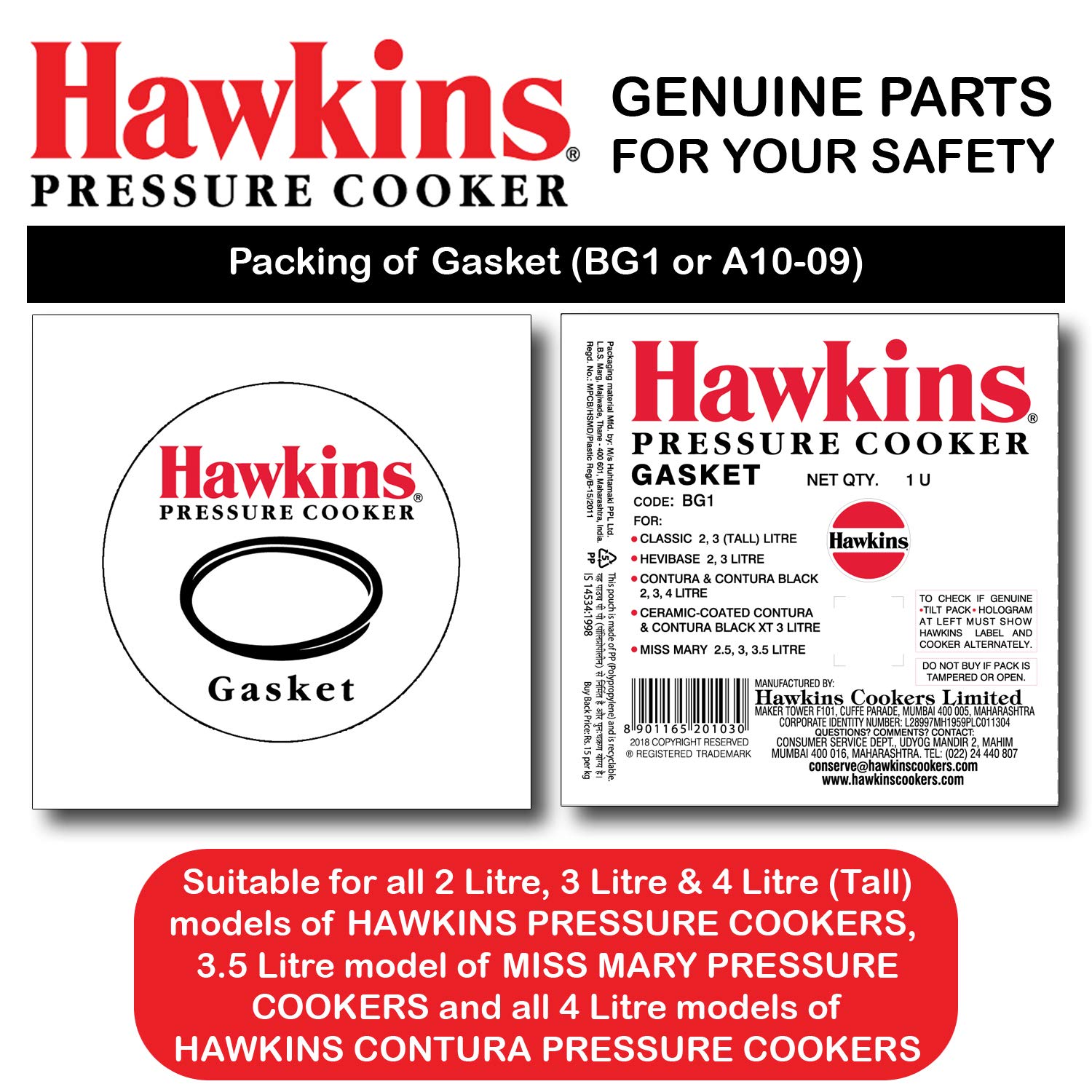 Hawkins A10-09 Gasket Sealing Ring for Pressure Cookers, 2 to 4-Liter, Black