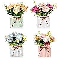 BLOSMON Small Artificial Flowers in Vase 4 Pcs Fake Flowers Centerpieces for Dinning Table Floral Arrangements with Vases Bathroom Accessories Office Desk Decor Silk Plant Hydrangea Bouquet