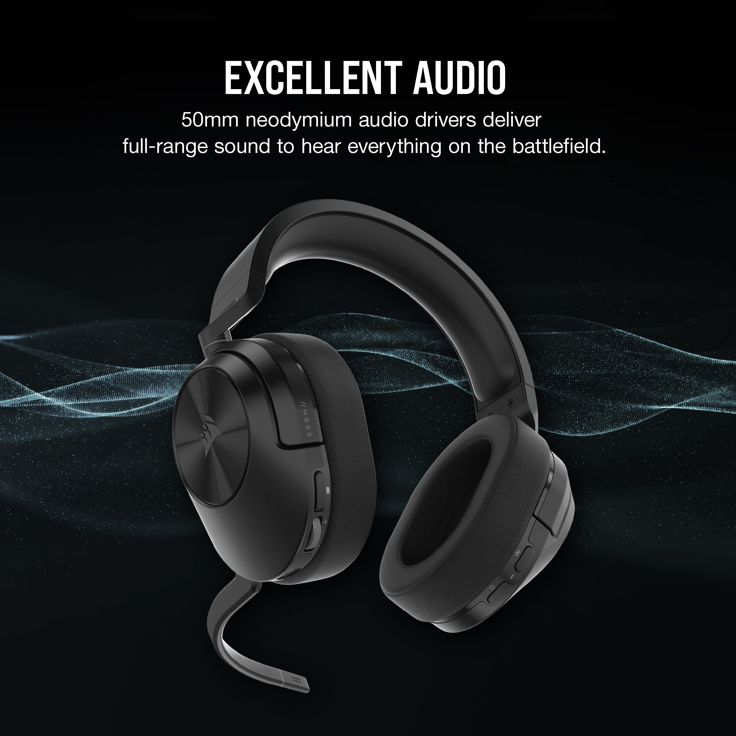 Corsair HS55 Wireless CORE Gaming Headset - Low-Latency 2.4Ghz, Up to 50ft Bluetooth Range, Lightweight Construction, Tempest 3D AudioTech Support on PS5, Omni-Directional Microphone - Black