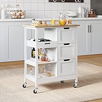 YITAHOME Small Solid Wood Top Kitchen Island Cart on Wheels with Storage, Rolling Portable Dining Room Serving Utility Carts Mobile Movable with 3 Drawers Cabinet, Oak & White