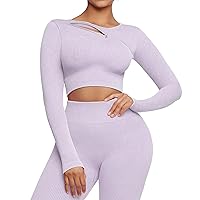Seamless Workout Sets for Women 2 Piece Seamless Long Sleeve Crop Tops Ribbed Outfits High Waist Leggings