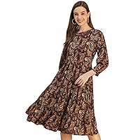 Long Sleeves Round Neck Printed Rayon Dress - Women's Casual Dress