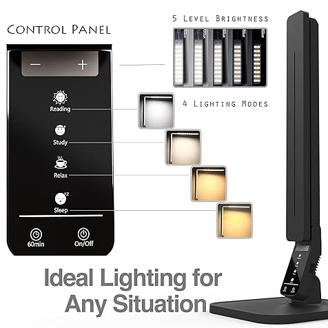 Dimmable LED Desk Lamp, 4 Lighting Modes (Reading/Studying/Relaxation/Bedtime), 5-Level Dimmer, Touch-Sensitive Control Panel, 1-Hour Auto Timer, 5V/1A USB Charging Port, Piano Black