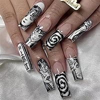 French Tips Press on Nails Long Fake Nails Black White Anime Comics Design Full Cover Punk Acrylic Artificial False Nails Halloween Glue on Nails for Women and Girls Manicure Decoration,24Pcs