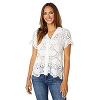 Johnny Was Women's Short Sleeve Eyelet Button UP, White, Medium