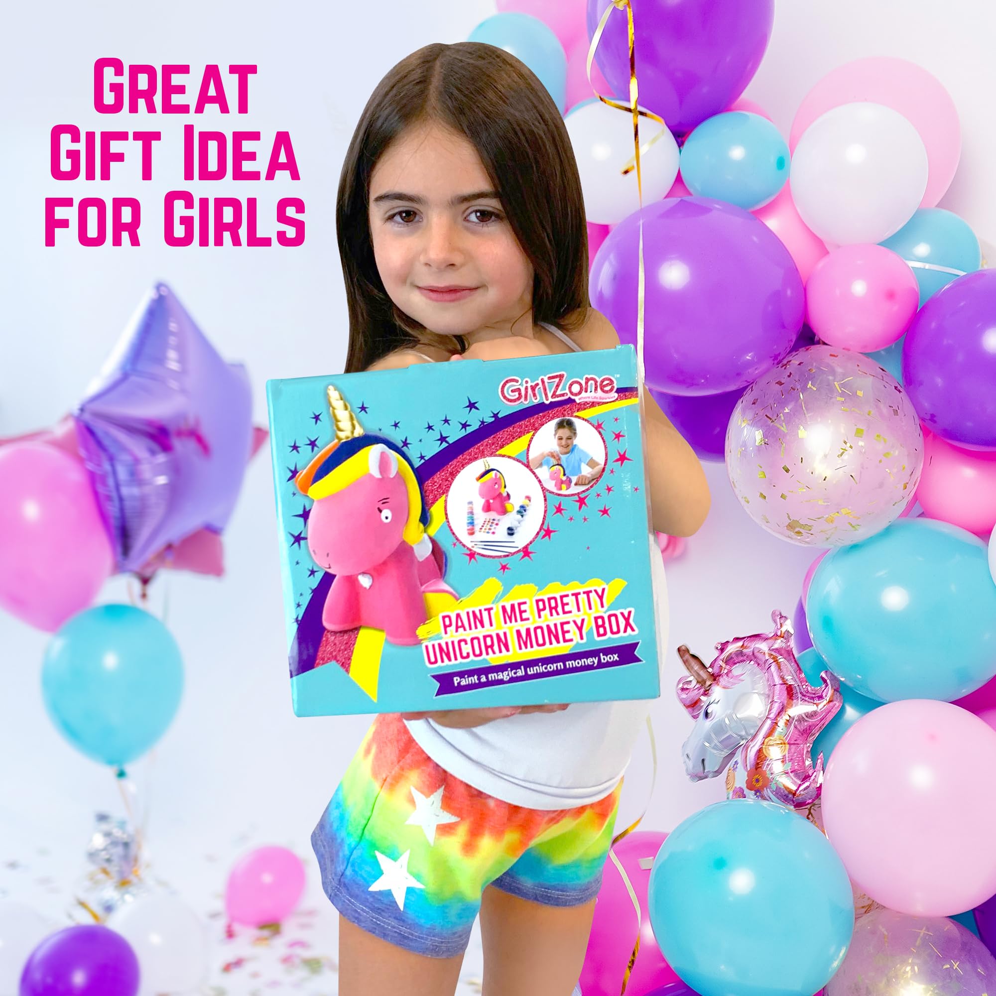 GirlZone Paint Your Own Unicorn Piggy Bank for Girls, Paint a Cute Unicorn with Cool Metallic Paints, Great Craft Kit for Kids and Fun Gift Idea