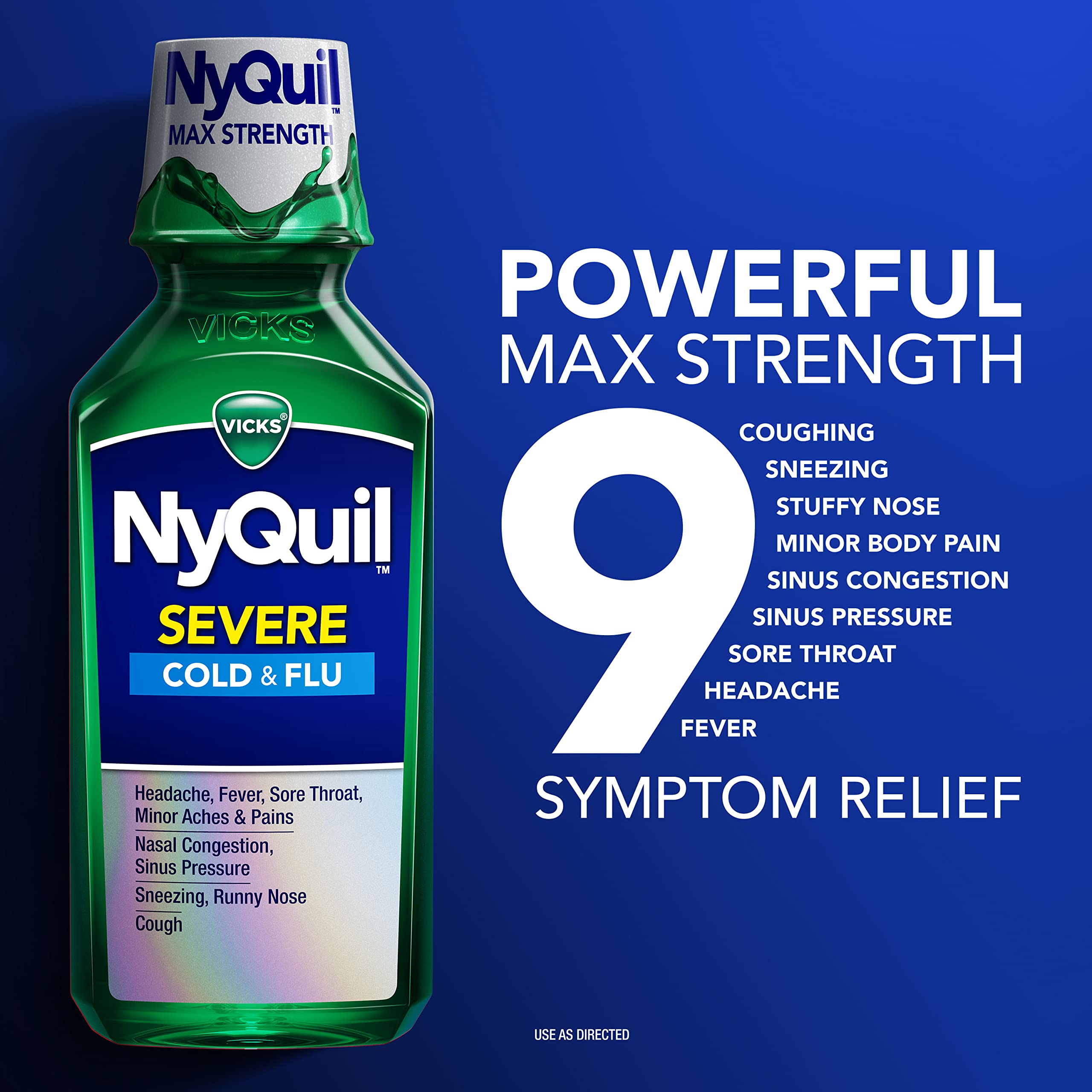 Vicks NyQuil SEVERE Cold and Flu Relief Liquid Medicine, Maximum Strength, 9-Symptom Nighttime Relief For Headache, Fever, Sore Throat, Nasal Congestion, Sinus Pressure, Runny Nose, Cough, (Pack of 2)