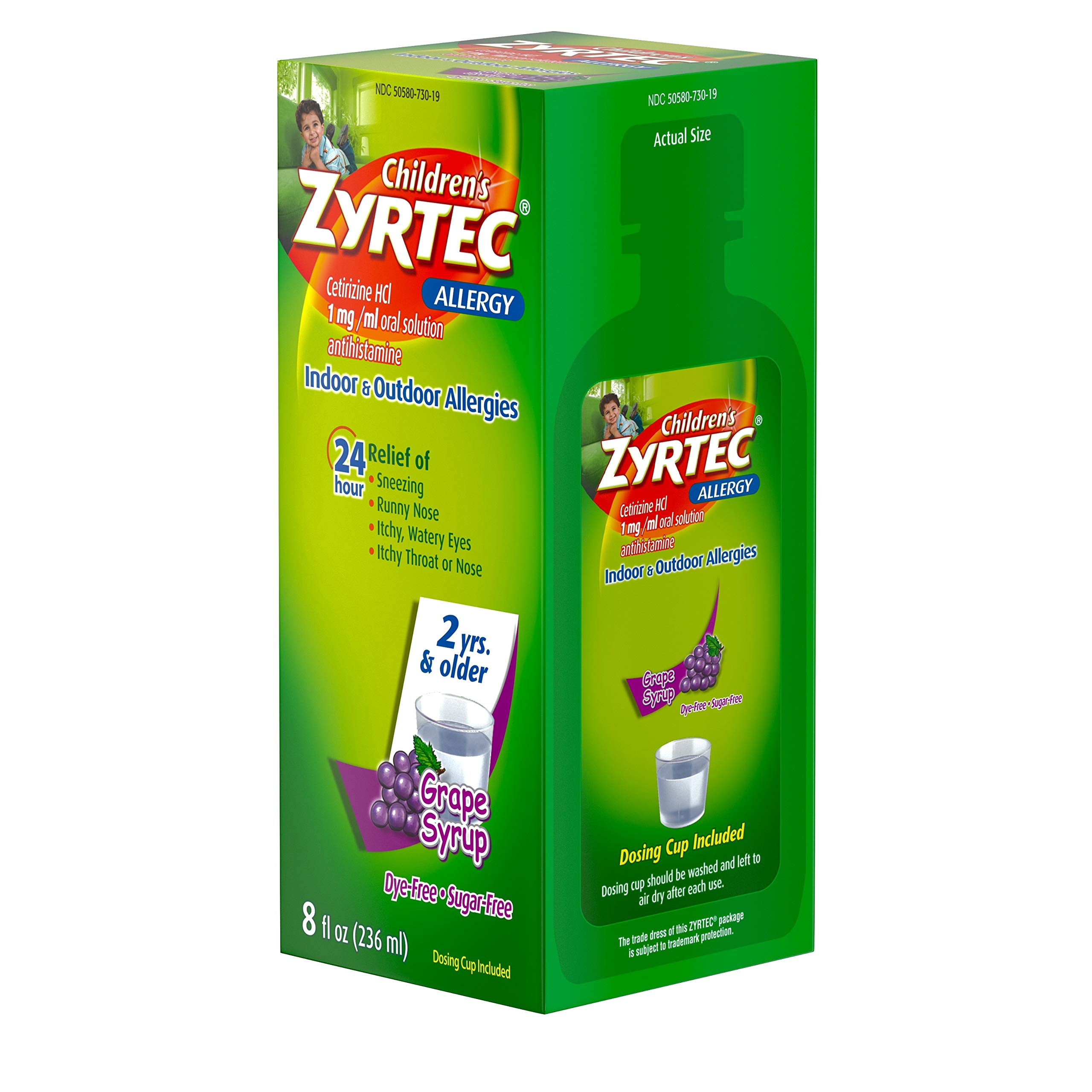 Zyrtec 24 Hour Children's Allergy Syrup with Cetirizine HCl, Antihistamine Allergy Medicine for Indoor & Outdoor Allergy Relief for Kids, Dye-Free & Sugar-Free, Grape Flavor, 8 fl. oz