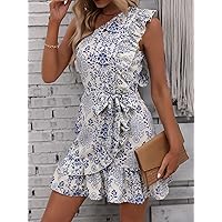 Women's Dress Floral Print One Shoulder Ruffle Trim Belted Dress Dress for Women (Color : Blue and White, Size : X-Large)