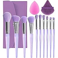 BEAKEY Travel Makeup Brushes, Silky Bristles Makeup Brush Set 12 Count (Pack of 1), Beginner Friendly Everyday Essential with Magic Sponges & Powder Puff(Purple)