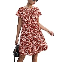 KIRUNDO Women's 2024 Summer Casual Dress Ruffle Short Sleeves Floral Print Round Neck Loose Pleated Tiered Mini Dresses