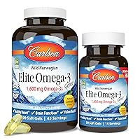 Carlson Elite Omega-3 Gems 1600 mg Omega 3 Fatty Acids Including EPA & DHA - Norwegian, Wild-Caught Sustainably Sourced Fish Oil Supplement, Omega 3 Fish Oil Capsules Lemon - 90+30 Softgels