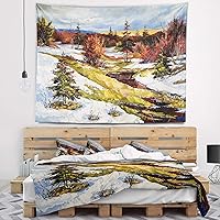 Designart 'Spring Valley with River' Landscape Tapestry Blanket Décor Wall Art for Home and Office, Created On Lightweight Polyester Fabric Large: 60 in. x 50 in