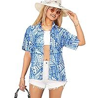 HAPPY BAY Women's Short Sleeve Hawaiian Blouse Beach Shirt S Royal Floral