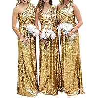 Women's One Shoulder Sequins Bridesmaid Prom Dress Long Evening Gowns
