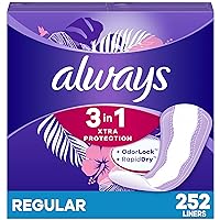 Always 3-In-1 Xtra Protection, Daily Liners For Women, Regular Absorbency, With Leakguard + Rapiddry, Unscented, 84 Count (Pack of 3), 252 Count Total (Packaging May Vary)