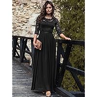 Dresses for Women Floral Lace Bodice Ribbon Waist Pleated Prom Dress (Color : Black, Size : Medium)