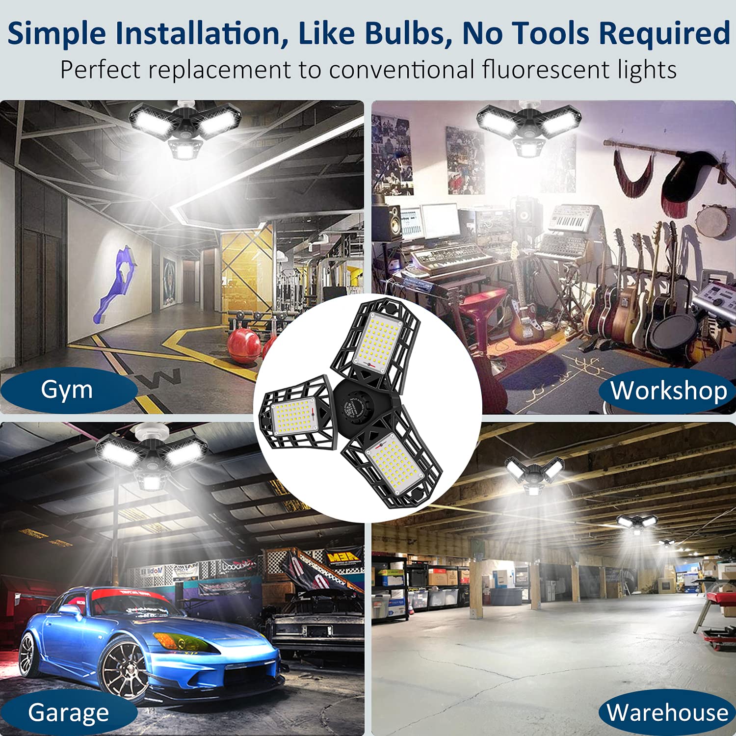 GHUSTAR 2-Pack LED Garage Light 60W Garage Lighting - 6000LM 6500K LED Deformable Garage Ceiling Lights, LED Shop Light with Adjustable Multi-Position Panels, LED Glow Light for Garage, Workshop