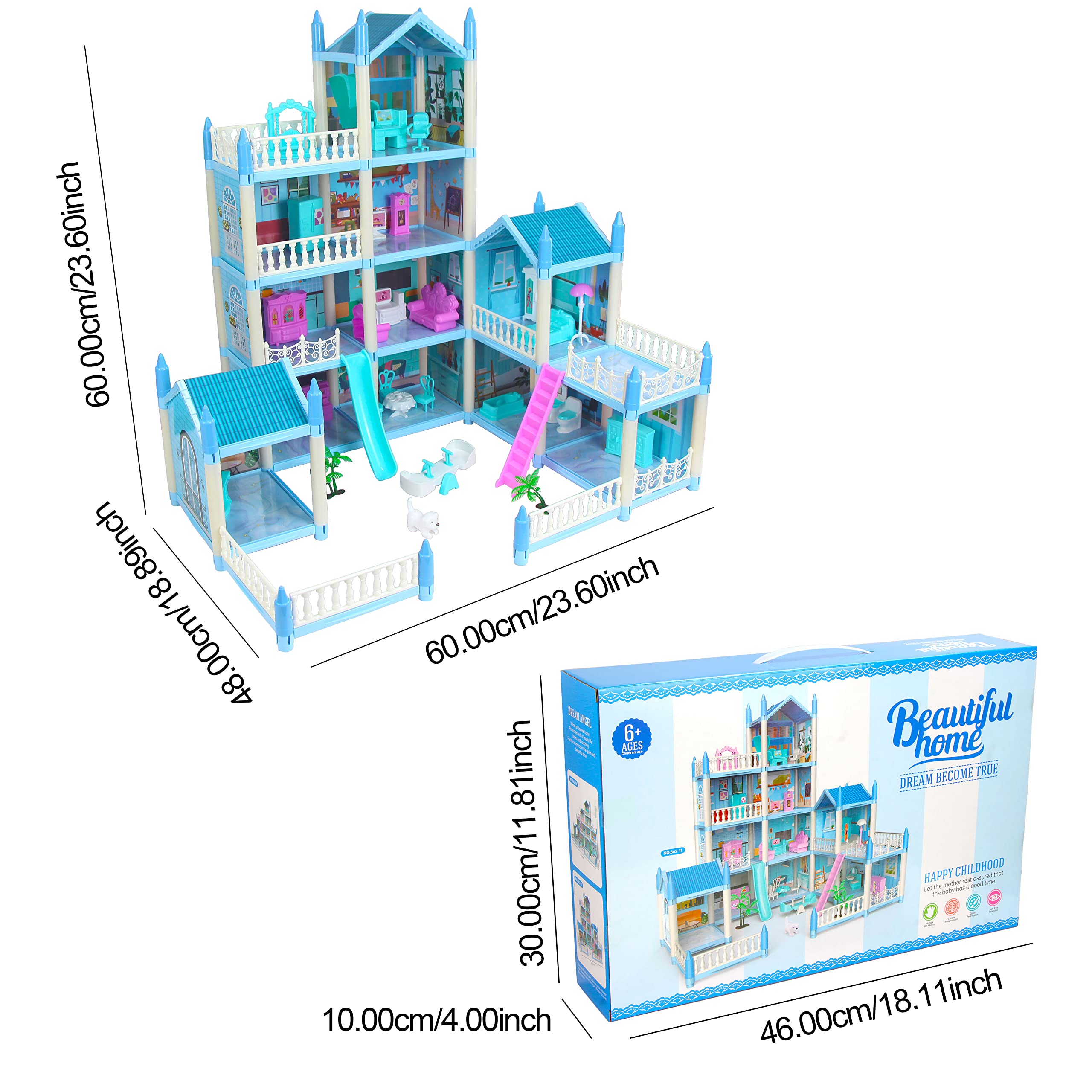 25 Inch Dollhouse Playset Girl Dreamhouse Kit, 4 Floors, 11 Rooms, Furniture and Accessories for Kids Girls Ages 3 4 5 6 7 8+
