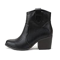 Soda “TELLER” ~ Women Western Stitched Pointed Toe Low Block Heel Ankle Boot