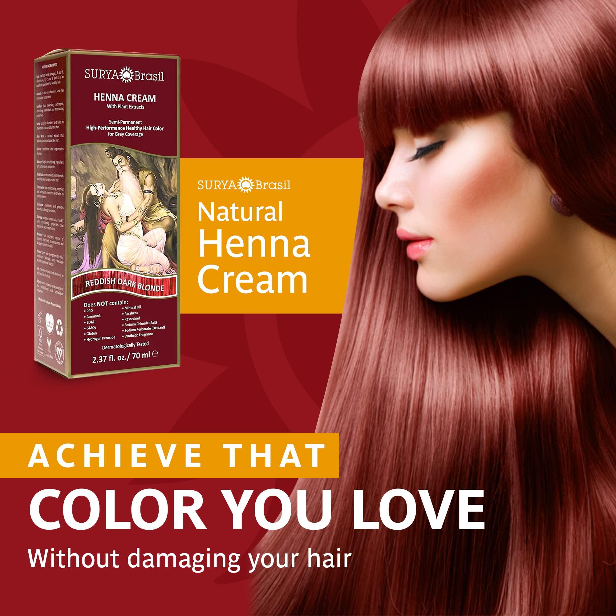 Surya Brasil - Henna Cream Hair Color Treatment, Semi Permanent Hair Color for Gray Hair Coverage, Natural Henna Hair Color, Deep Conditioning Hair Dye, Reddish Dark Blonde, 2.37 oz / 70 ml