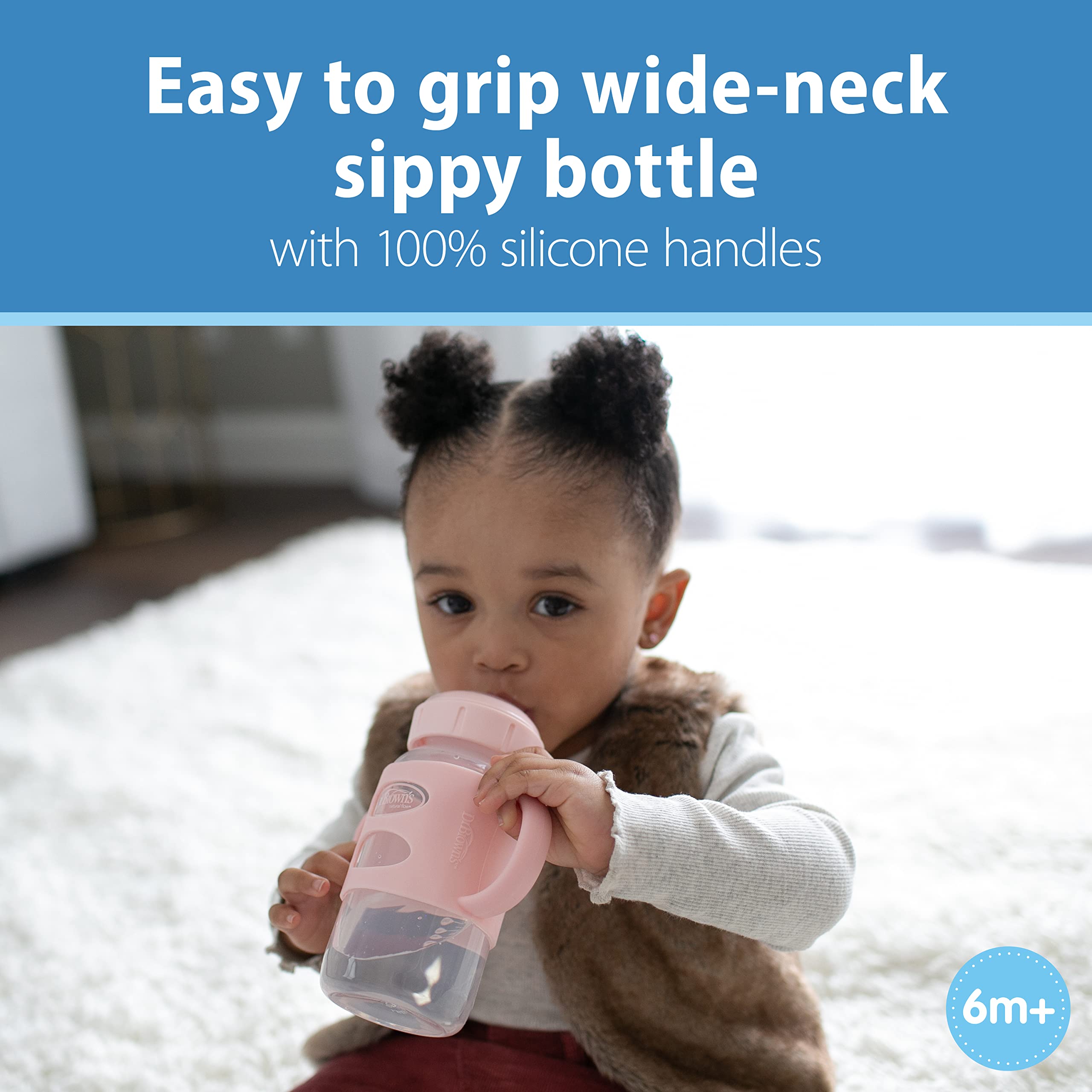 Dr. Brown’s® Milestones™ Wide-Neck Sippy Bottle with 100% Silicone Handles, Easy-Grip Bottle with Soft Sippy Spout, 9oz/270mL, BPA Free, Light-Pink & Ecru, 2 Pack, 6m+
