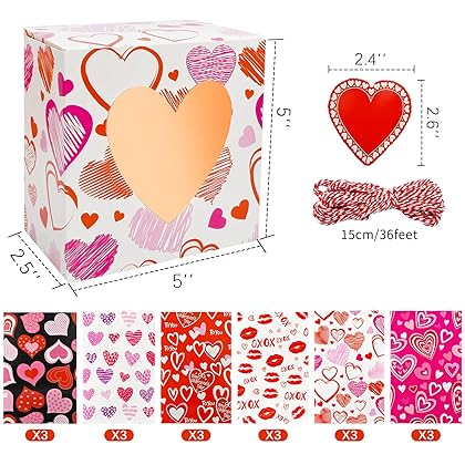 FSEHWWN 18 Pcs Valentines Boxes Valentines Day Gift Box Chocolate Heart Cookie Boxes with Window Hearts Goody Candy Box with Tags and Rope for Valentines Party Favors