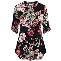 BEPEI Womens Floral 3/4 Sleeve Shirts Zip up V Neck Work Chiffon Blouses Top