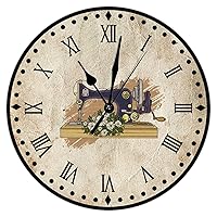 Floral Sewing Machine Wooden Clock Sewing Lovers Numeral Clocks 10inch Rustic Silent Non-Ticking Battery Operated Wood Print Clock for Indoor Craft Room Decor Bedroom Living Room