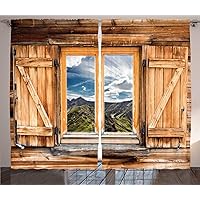 Ambesonne Mountain Curtains, Mountain and Sky View Wooden Shuttered Window Room on Top of The Hills Nature Look, Living Room Bedroom Window Drapes 2 Panel Set, 108