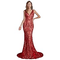 Women's V-Neck Sequins Sleeveless Lace-up Mermaid Evening Dress