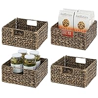 mDesign Woven Hyacinth Storage Bin Basket Organizer with Handles for Organizing Kitchen Pantry, Cabinet, Cupboard, Shelves - Holds Food, Drinks, Snacks - 4 Pack - Brown Wash