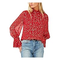 Vince Camuto Womens Red Metallic Ruffled Sheer Printed Bell Sleeve Mock Neck Party Top XS