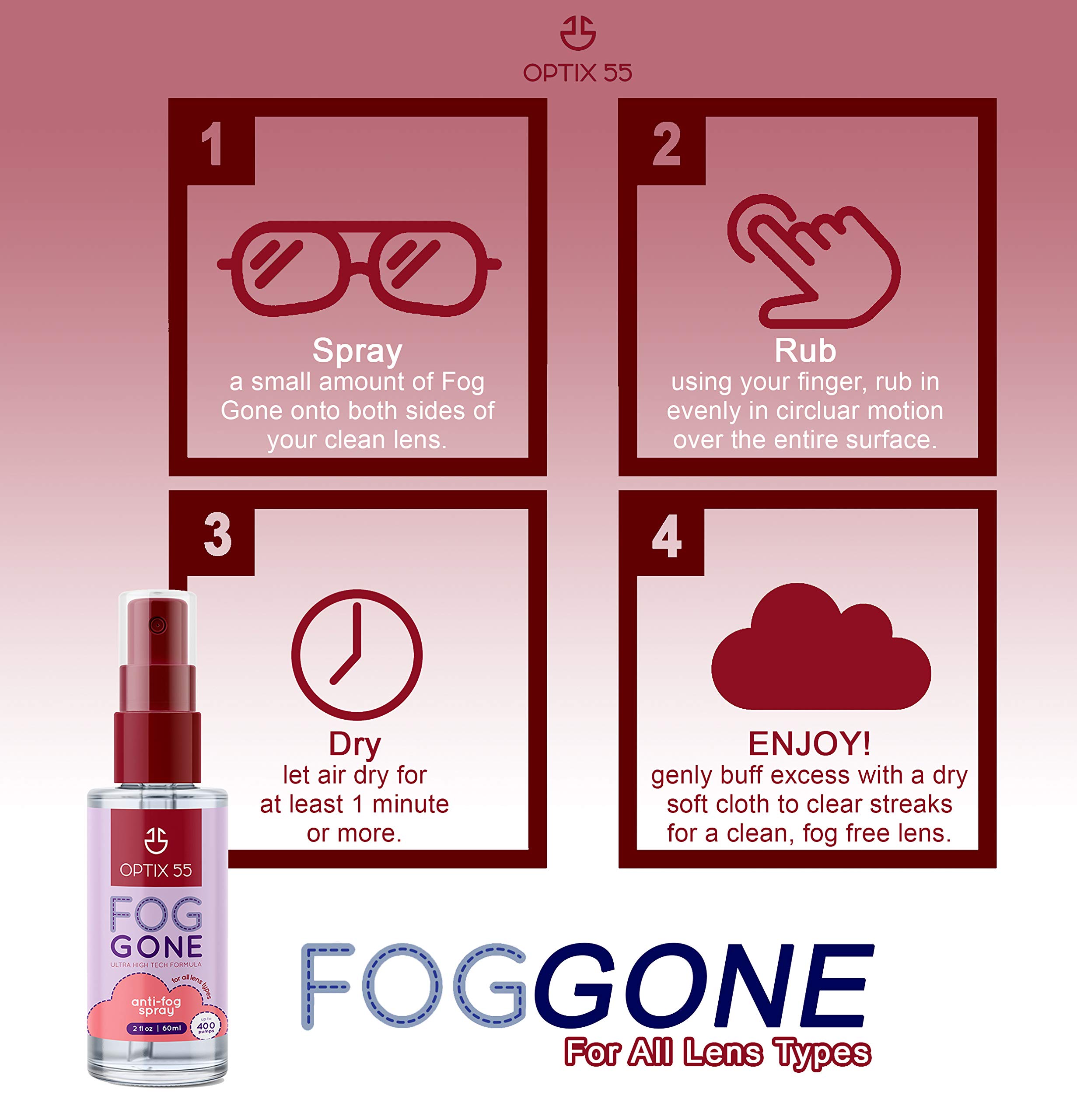 Optix 55 New Anti Fog Spray for Glasses - Safe for Anti Reflective Lenses & All Lenses | Defogger for Eye Glasses, Mirrors, Swim Goggles