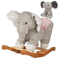 Baby Rocking Horse Wooden Rockers with Seat Elephant Rocking Horse Ride Plush Stuffed Animals Toy -Set of 2, Boy Girl Kids Ride on Toys for 10 Months to 3 Years Old, 25