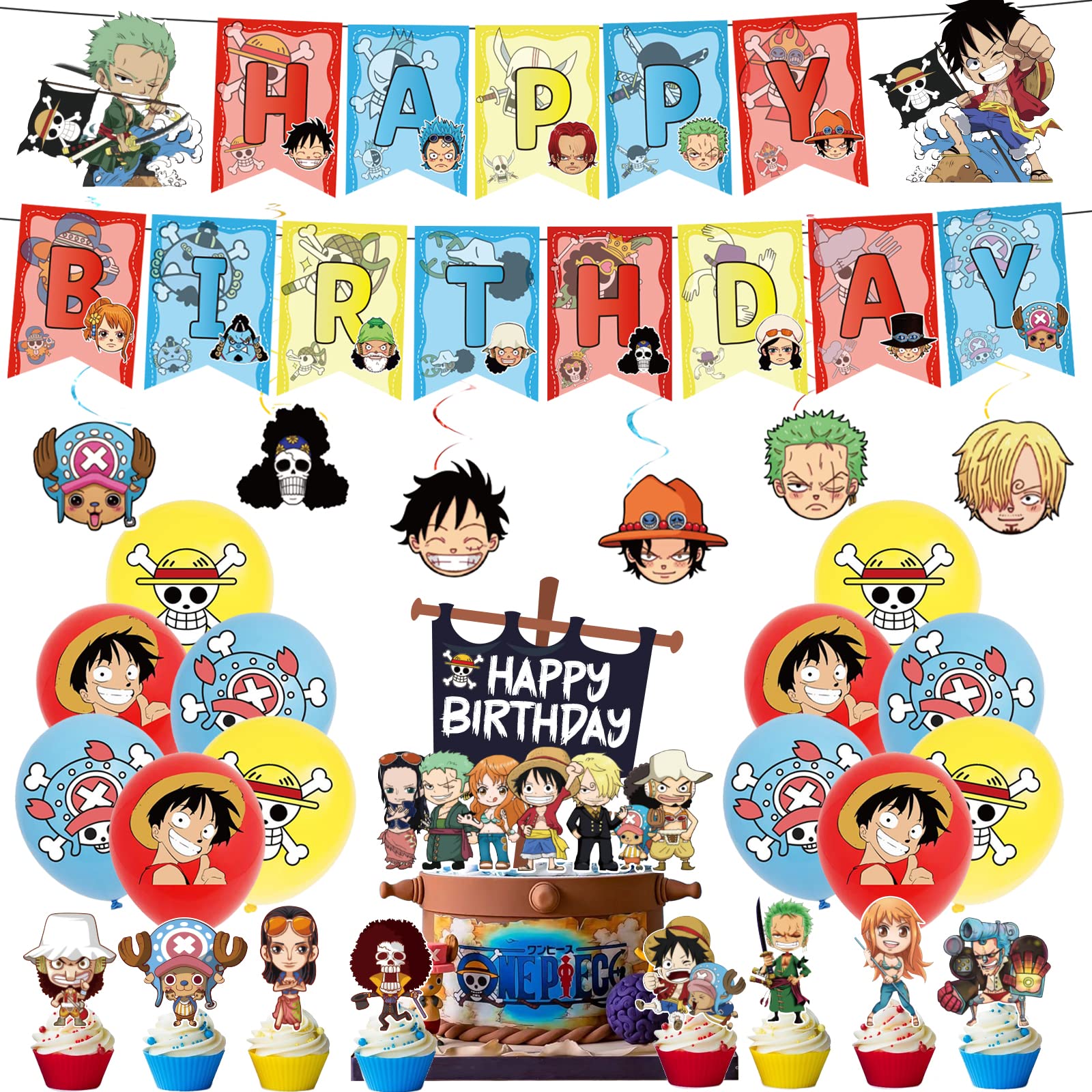 117pcs Anime Birthday Decorations 108Pcs Anime Party Supplies Include  Balloons, Birthday Banner, backdrop, Headband, Cake Topper, Cupcake Topper,  Hanging Swirl and Stickers for Kids and Adults - إكليل المعرفة