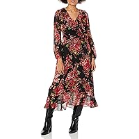 London Times Women's Long Sleeve Chic and Versatile Chiffon Ruffle Faux Wrap Dress