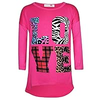 Kids Girls T Shirt Love Tartan Zebra Leopard Print Trendy Fashion Top 7-13 Years
