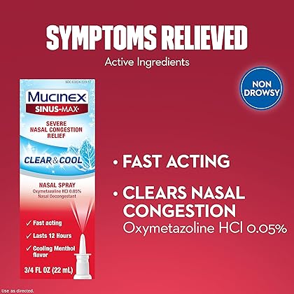 Mucinex Sinus-Max Severe Nasal Congestion Relief Clear & Cool Nasal Spray, 0.75 fl. oz., Lasts 12 Hours, Fast Acting, Cooling Menthol Flavor