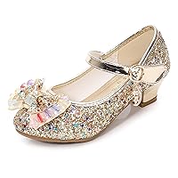 Girls Bow Dress Shoes Toddler Sparkling Princess Shoes Glitter Flower Little Girl Flats Mary Jane Low Heels Stage Performance Shoes for Wedding/School/Dance/Festival