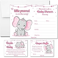 Set of 25 Baby Shower Invitations for Girl with Enveloppes, Diaper Raffle Tickets and Baby Shower Book Request Cards - Elephant