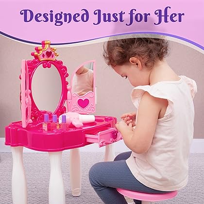 Prextex Kids Makeup Table with Mirror and Chair, Princess Play Set, Vanity Table with Makeup Accessories and Light and Musical Sound Effects for Toddler Girls