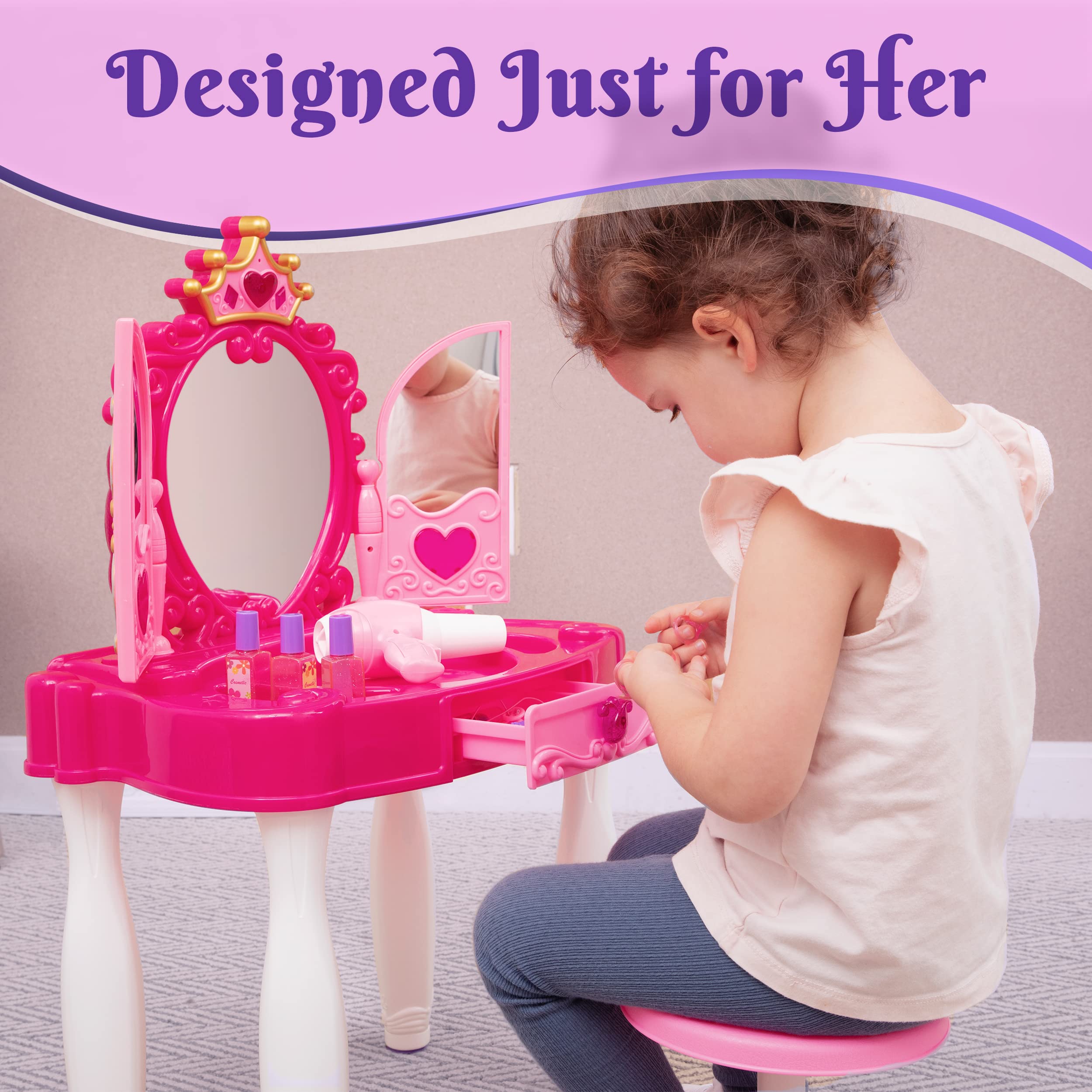 Prextex Kids Makeup Table with Mirror and Chair, Princess Play Set, Vanity Table with Makeup Accessories and Light and Musical Sound Effects for Toddler Girls