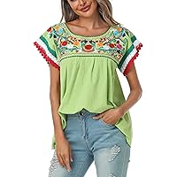 YZXDORWJ Women Mexican Embroidered Lace Traditional Colorful Blouse Tricolor Top Mexican Independence Day Shirt