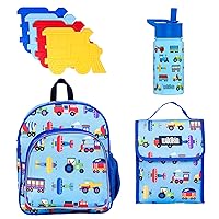 Wildkin Kids Lunch Bag, 12-Inch Backpack, 14 Oz Steel Water Bottle, and Ice Pack Bundle for a Convenient, Refreshing, and Delightful Meal Companion (Trains, Planes & Trucks)