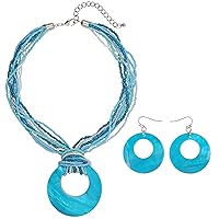 Coiris Multi Strand Statement Colorful Beaded Necklace with Big Circle Shell Pendant for Women