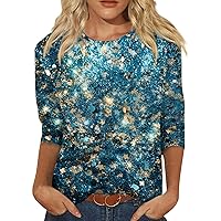Womens Top 3/4 Sleeve Round Neck Sequin Pullover Shirts 2024 Summer Glitter Casual Holiday Blouse Crop Tops for Women