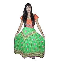Indian 100% Cotton Embroided Beads Mirror Work Long Skirt Hippie Women Solid Green Color Plus Size