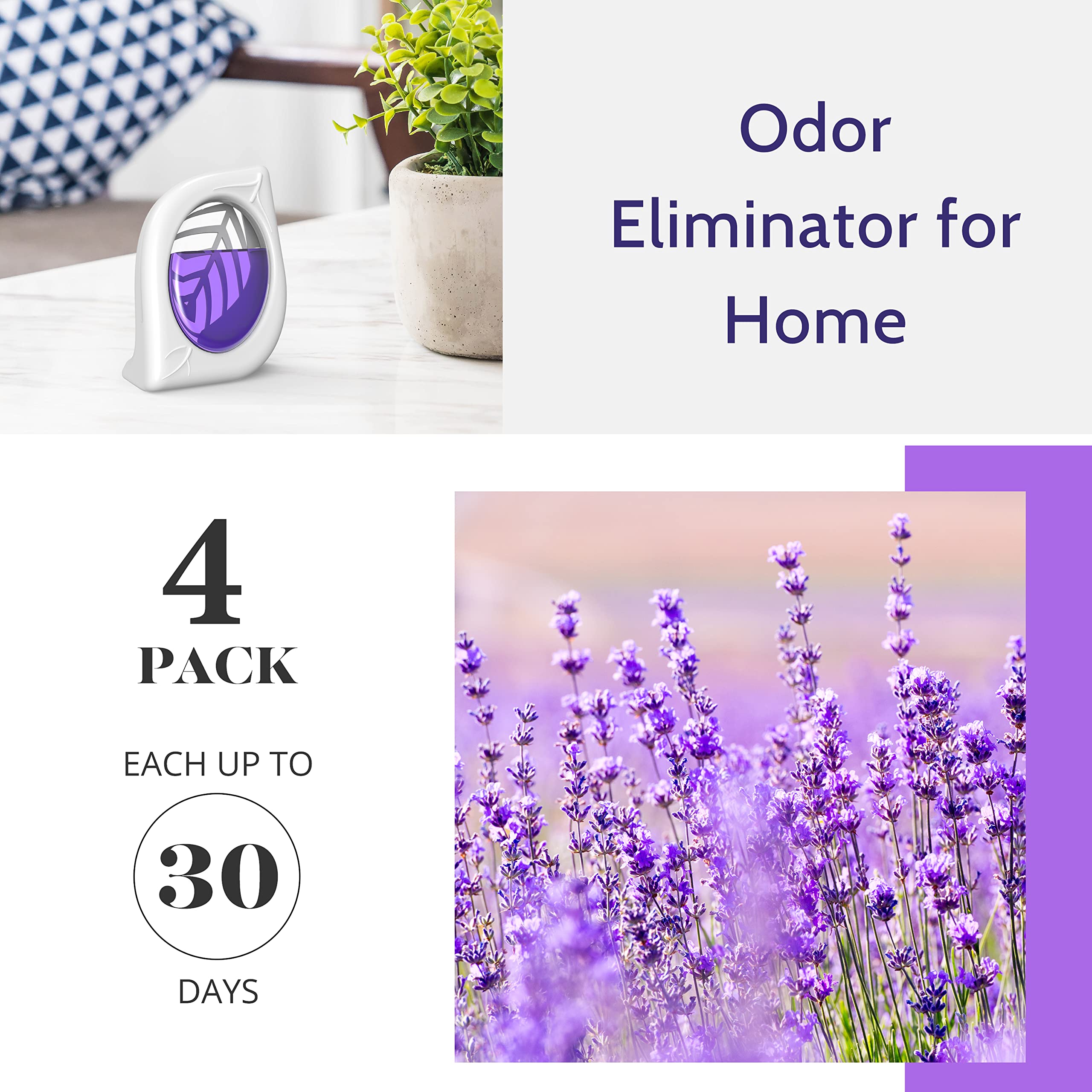 Air Freshener for Home, 4 Pack, Lavender Essential oils, Odor Eliminator for Small Area Closets Bathroom Pets Strong Odor, Up to 120 Days